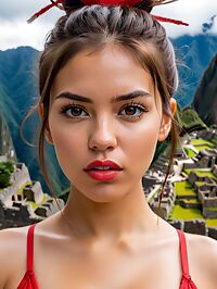 A 23 year old Hispanic woman with a voluptuous body and sweet features at Machu Picchu