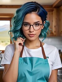 A stunningly beautiful Puerto Rican woman stands in Patagonia with turquoise hair