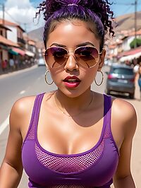 In Cusco a stunning 33 year old Dominican woman stands out in purple attire and shades