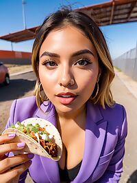 Latina girl with purple suit grey eyes and big breasts dances sensually near the border wall