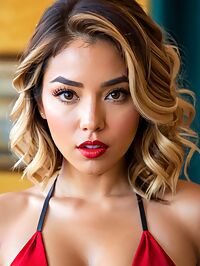 A latina girl with light brown hair wearing a red halter dress in Quito looks sultry