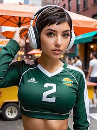 A petite latina woman with a pixie cut flashes her toned body at the NYC taco cart