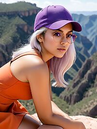 A Mexican woman with white hair and large breasts enjoys the scenery of Copper Canyon