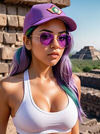 A 26 year old hispanic girl with rainbow hair wearing sports bra and yoga pants at Teotihuacan