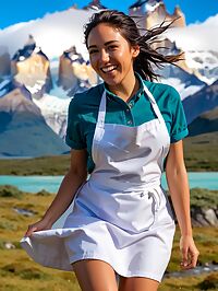 In Torres del Paine National Park a petite 19 year old Hispanic woman with black hair