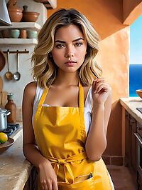 A 20 year old latina girl with dirty blonde hair in Cabo San Lucas wearing a yellow apron