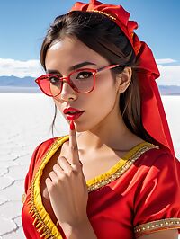 A sultry 31 year old Cuban woman models her red dress on the gleaming white salt flats
