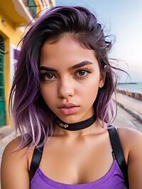 A young Cuban woman with ombre hair crimped curls and grey squinty eyes in Cartagena
