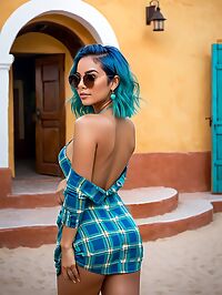 The girl's plaid dress rides up exposing her blue thong in public heat