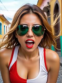 The Argentinian girl in red tank top poses innocently at sunset in Quito's streets